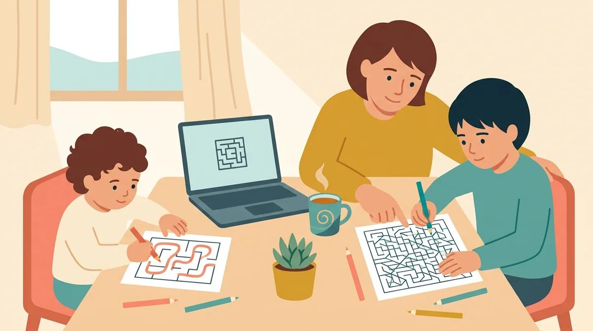 A parent and two children of different ages at a kitchen table, each tracing a maze of a different size with a pencil