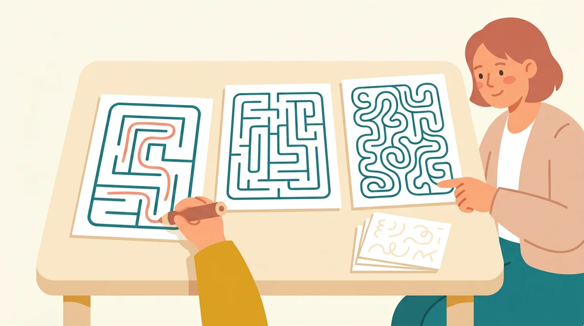 A therapist sitting beside a child at a small table as the child traces a wide-path maze with a thick pencil