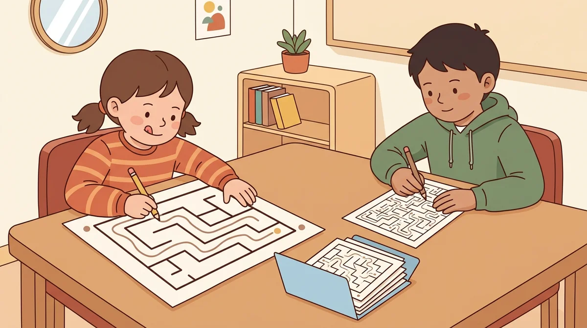 A young student at a desk tracing a pencil through a printed maze while classmates work on other sheets nearby