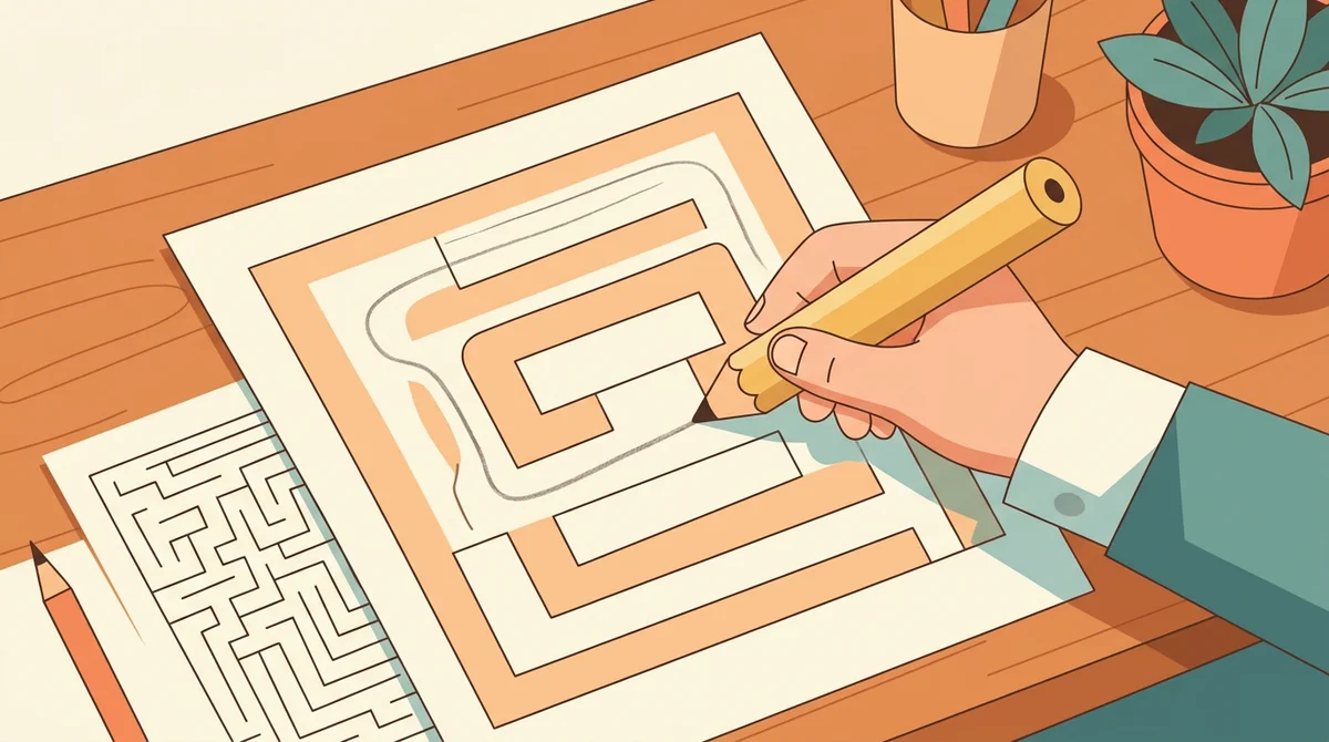 A teacher kneeling beside a child at a table who follows a path through a large-square maze with a fat pencil