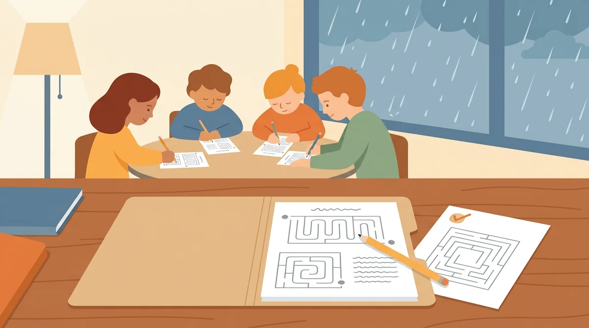A substitute teacher's desk with a folder, a stack of printed maze pages, and rain on the classroom window behind it