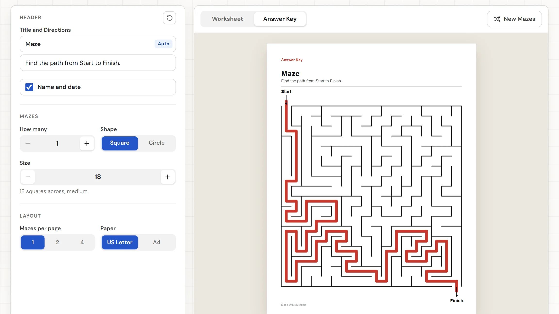 The EMStudio maze generator showing a finished square maze with Start and Finish arrows, the Shape and Size settings on the left, and the Worksheet and Answer Key tabs above the page
