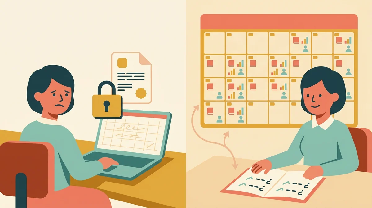 A tablet showing a teacher planner with tiles for lessons, students, grades, and attendance