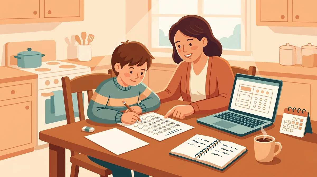 A parent and a child at a kitchen table with a laptop and a printed test being filled in with a pencil