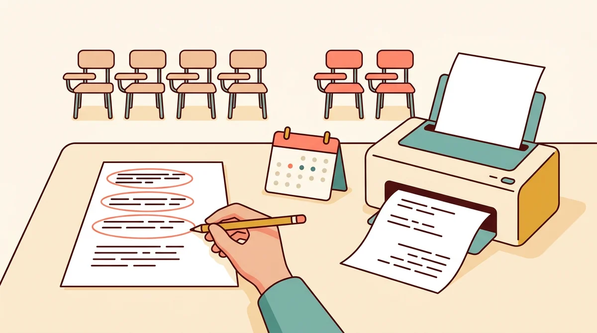 A teacher at a small table giving a short printed test to two students
