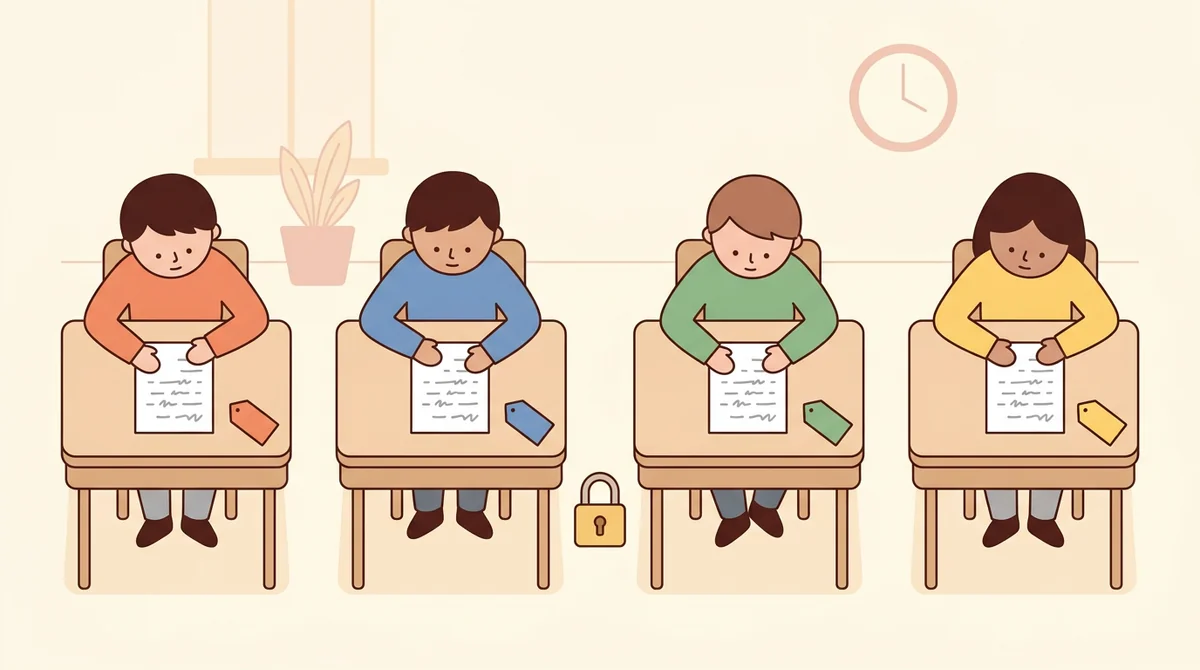 Students sitting in rows at their desks, each working on a printed test while a teacher walks between the rows
