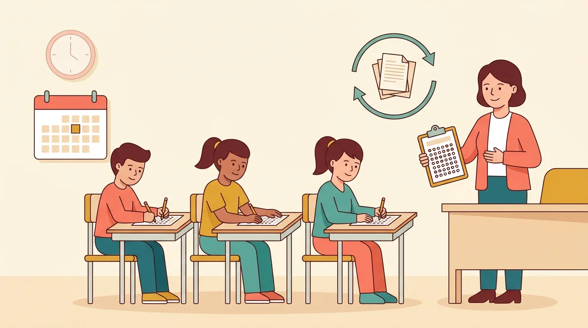 A student at a table filling in a row of answer bubbles with a pencil beside a printed practice test