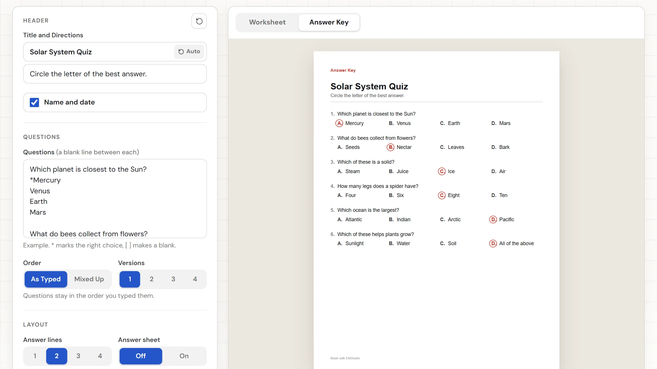 The EMStudio multiple choice test maker showing a science test with the questions box and settings on the left and the Worksheet and Answer Key tabs above the page