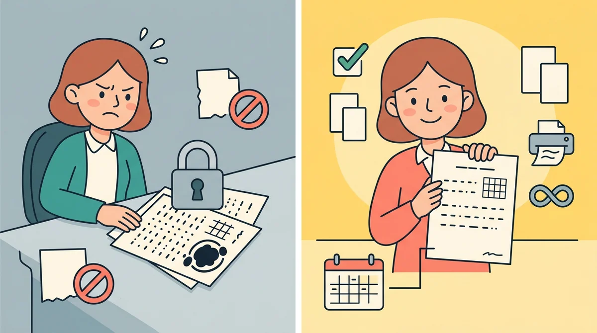 A printed multiplication worksheet with an answer key beside it, an unlocked padlock, and a crossed-out price tag