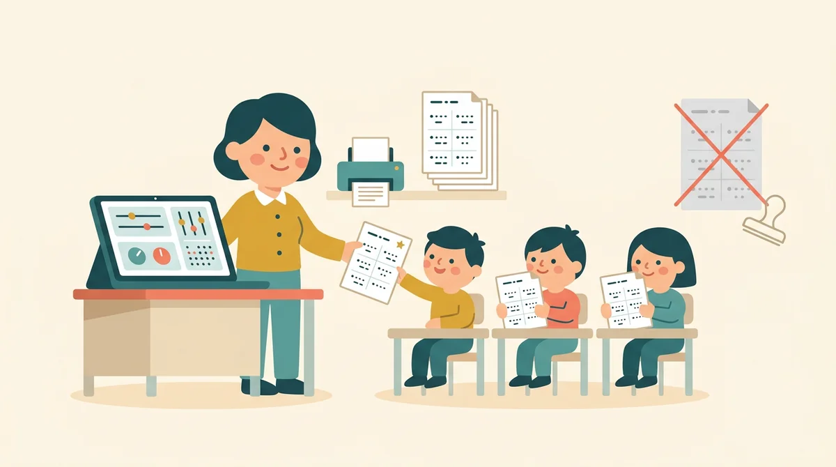A teacher handing out printed multiplication sheets to a row of students at their desks