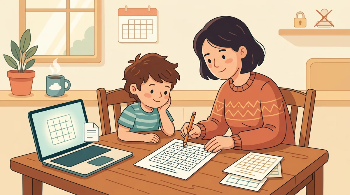 A parent and a child at a kitchen table with a laptop and a printed multiplication sheet being solved with a pencil