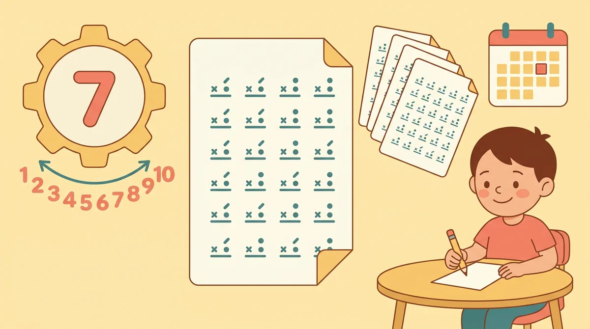 A teacher at a desk setting up a times-table sheet on a laptop with a stack of printed multiplication worksheets beside it