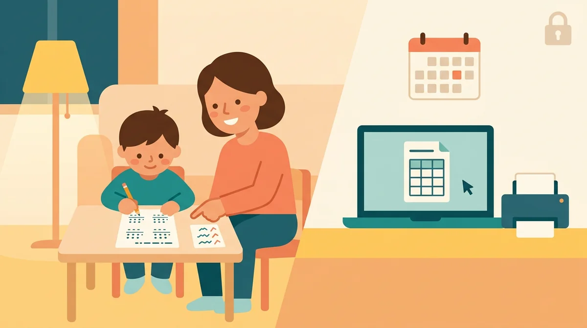 A student at a kitchen table solving a printed sheet of multiplication problems with a pencil