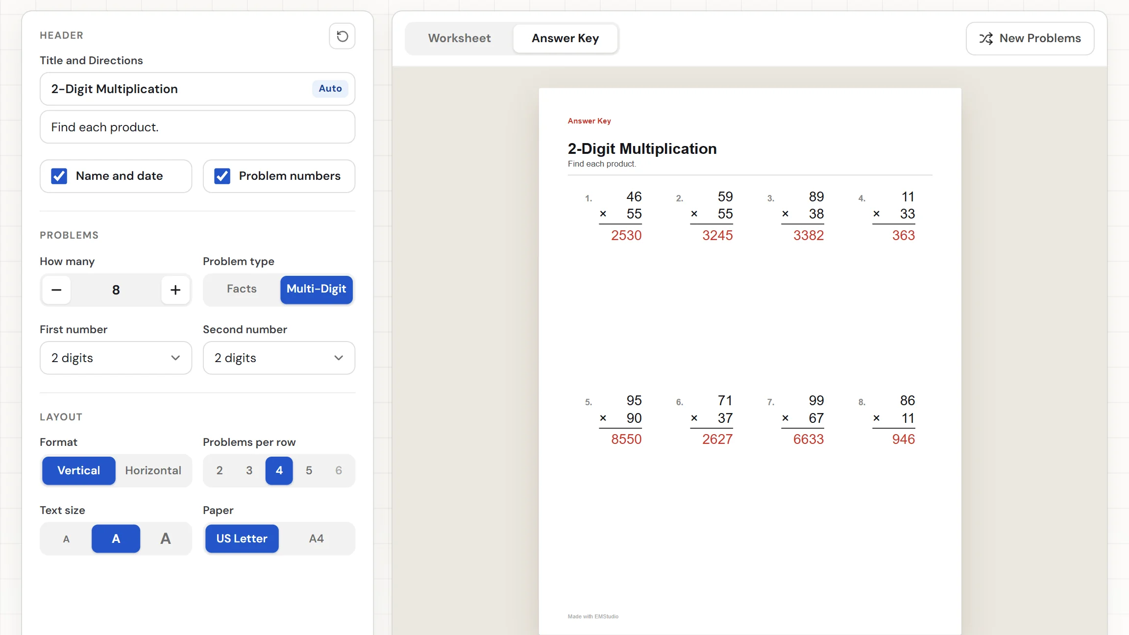The EMStudio multiplication worksheet generator showing a finished sheet of times-table problems with the First number and Second number ranges on the left and the Worksheet and Answer Key tabs above the paper