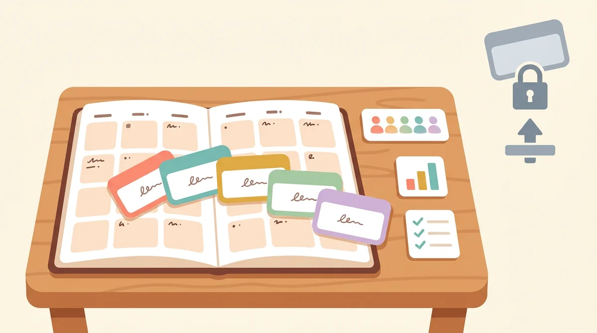 A tablet showing a teacher planner with tiles for lessons, students, grades, and attendance