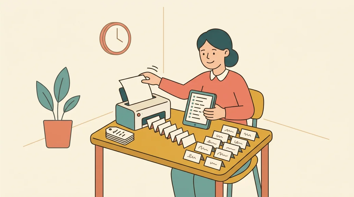 A teacher at a desk cutting apart a printed page of name tags with scissors, a class list beside the laptop