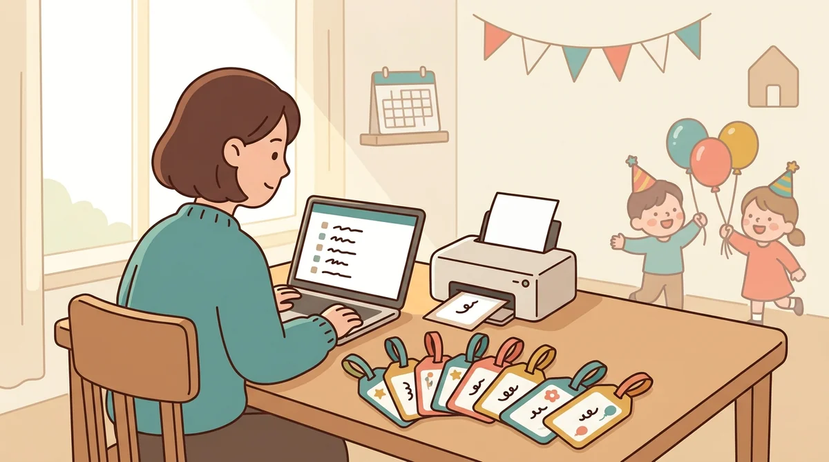 A parent at a kitchen table with a laptop and a printer, pressing a name tag onto a child's shirt