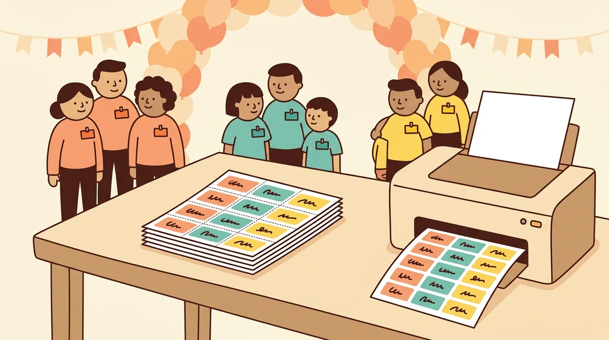 A group of adults and children at a welcome table sorting printed name tags in several colors into piles