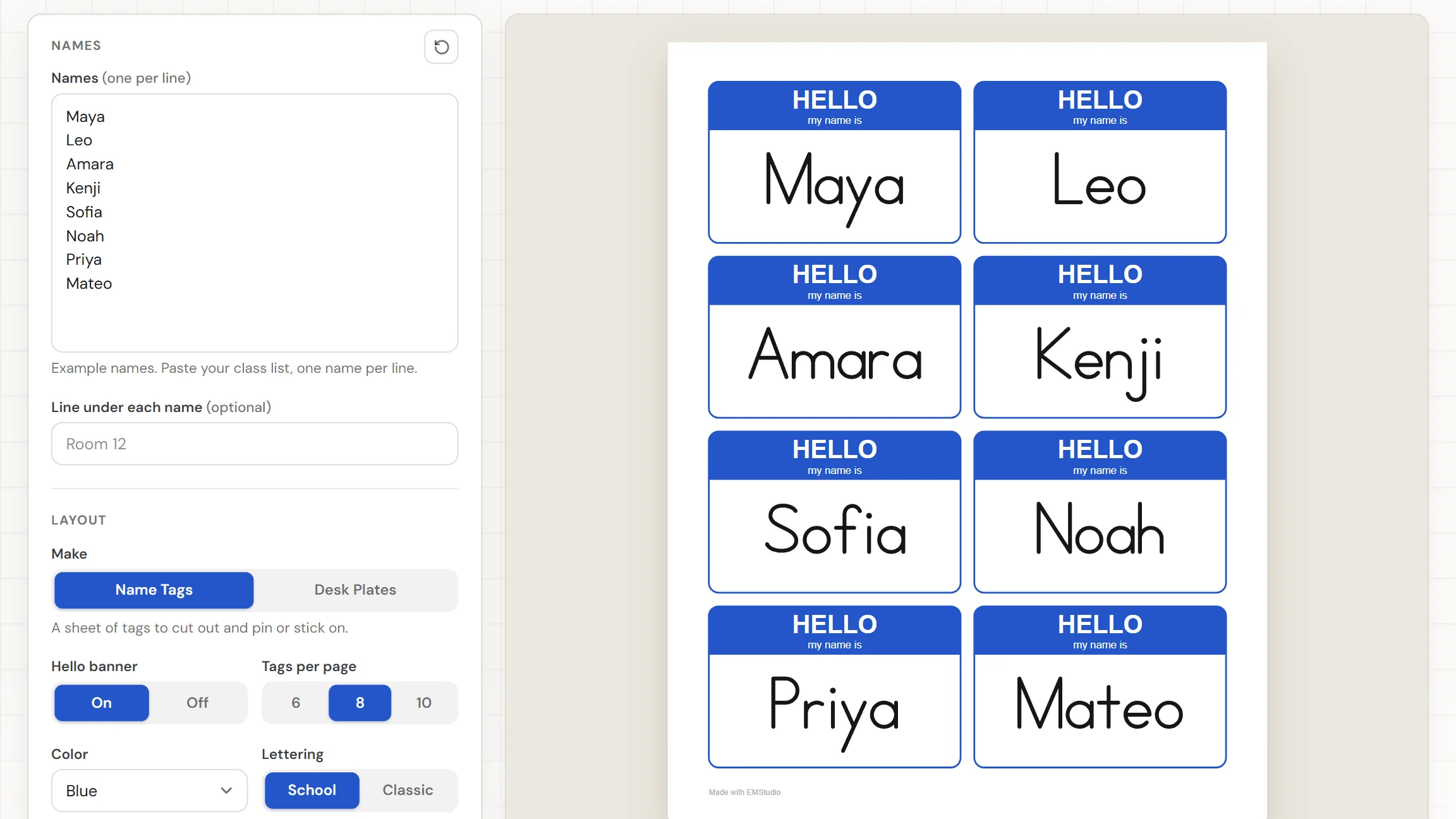 The EMStudio name tag maker showing a finished page of eight blue name tags with HELLO banners, with the names box and settings on the left and the printed page on the right