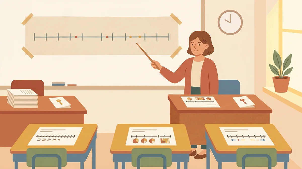 A teacher handing out printed number line sheets to a row of students at their desks