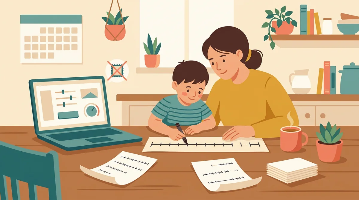 A parent and a child at a kitchen table with a laptop and a printed number line being filled in with a pencil