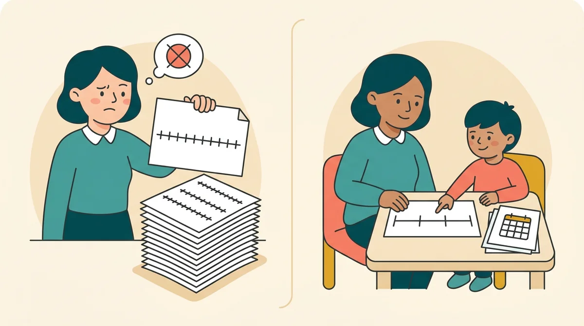 A teacher sitting beside a student at a small table with a printed number line and a pencil