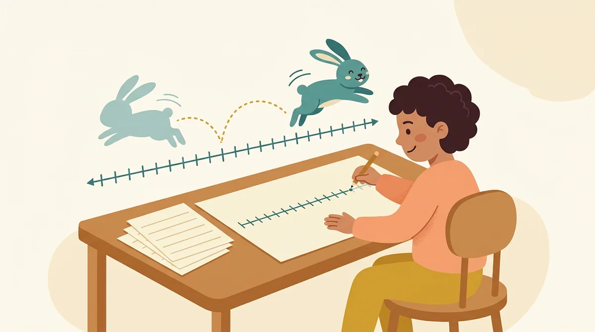 A student at a desk drawing hops with a pencil along a printed number line from 0 to 20