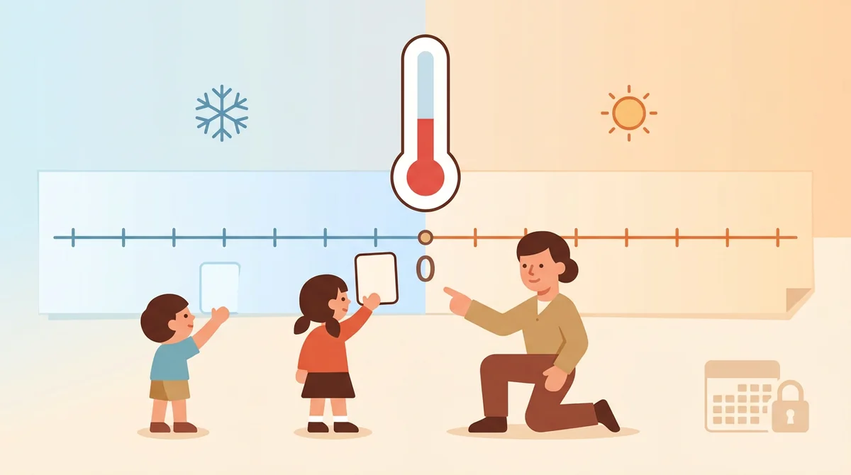 A classroom display of a thermometer next to a printed number line running from -10 to 10
