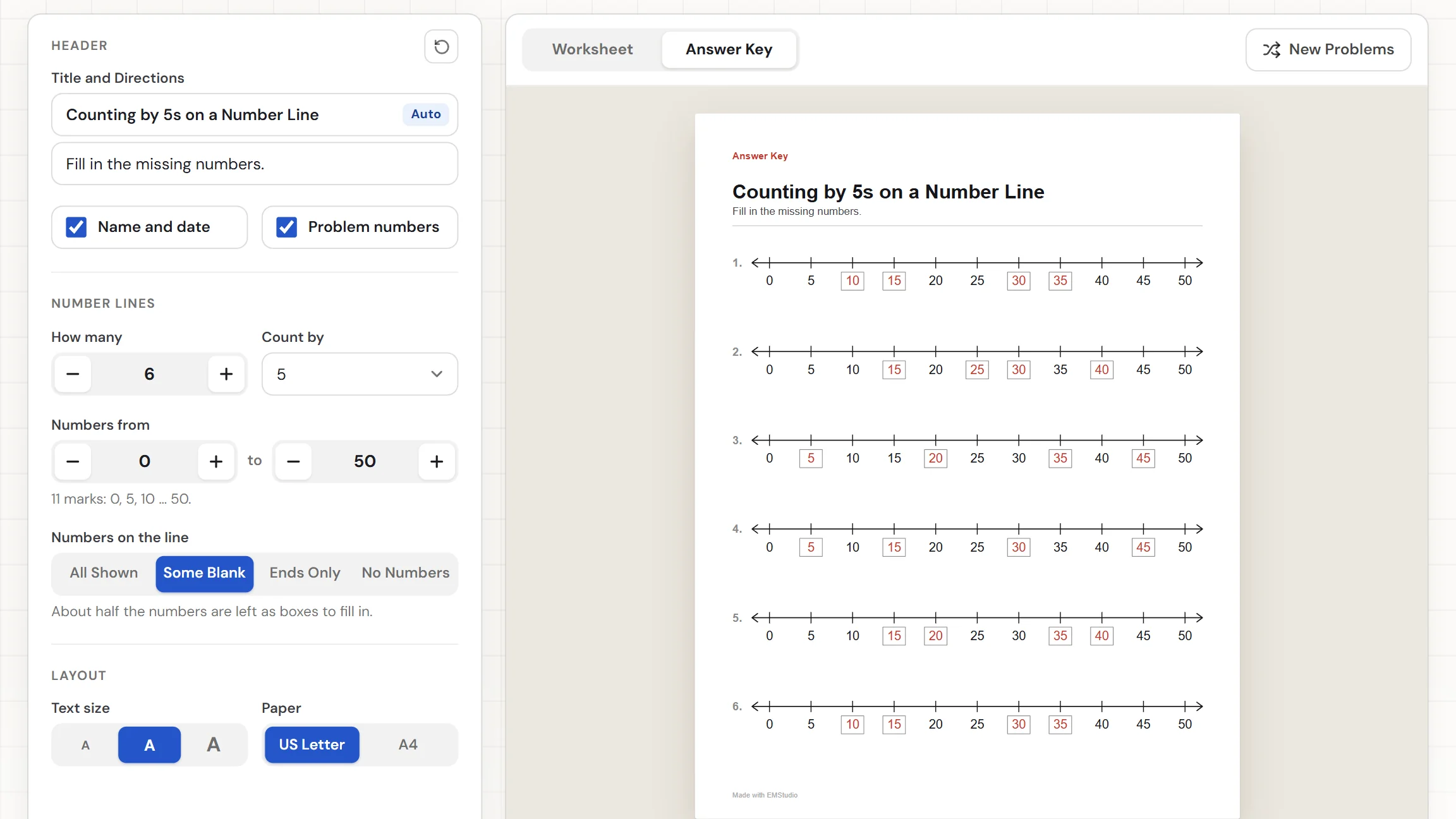 The EMStudio number line generator showing a sheet of number lines with some numbers left as boxes, the settings on the left and the Worksheet and Answer Key tabs above the page