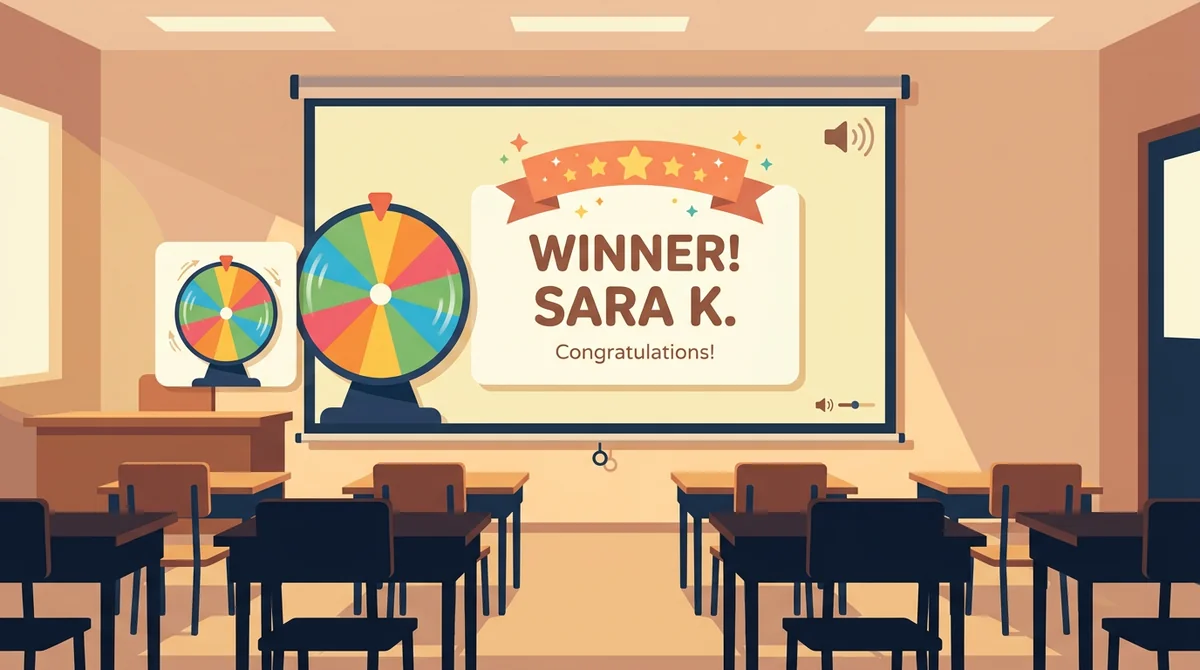 A classroom projector screen showing a spinning name wheel and a large winner card reading Winner, Sara K.