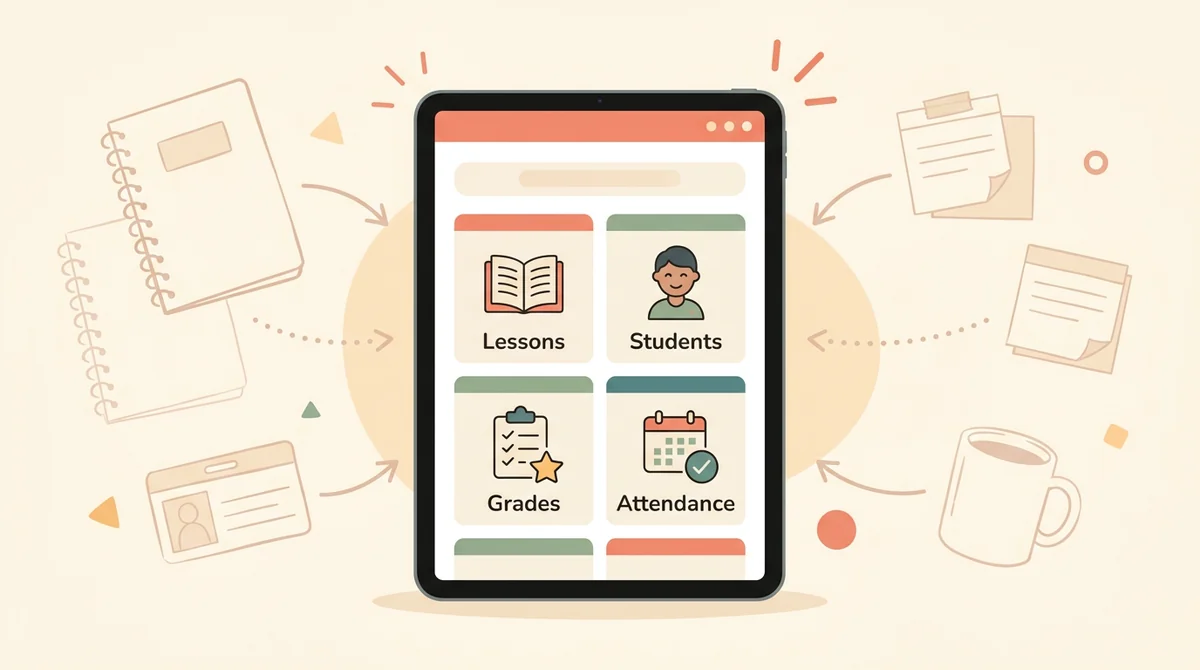 A tablet showing a teacher planner with tiles for lessons, students, grades, and attendance