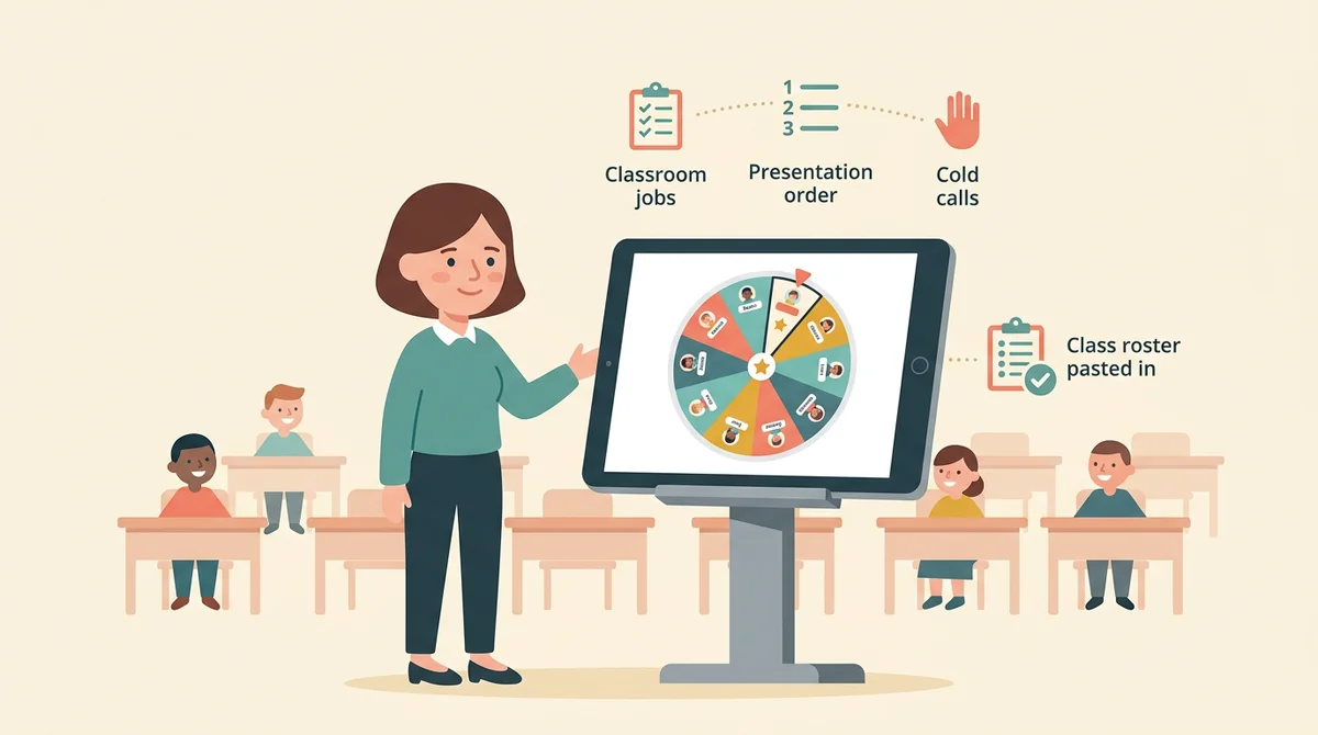 A teacher beside a large classroom display showing a name wheel, with icons for classroom jobs, presentation order, and cold calls