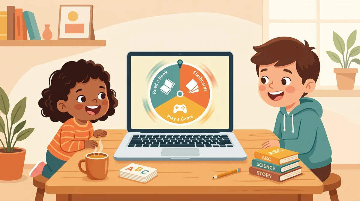 Two children at a kitchen table with a laptop showing a wheel of activities: read a book, flashcards, play a game