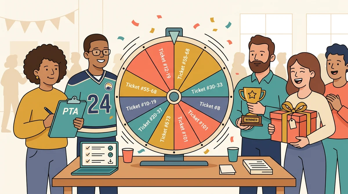A PTA raffle with a wheel of ticket numbers, a winner holding a trophy and a gift, and a volunteer with a clipboard