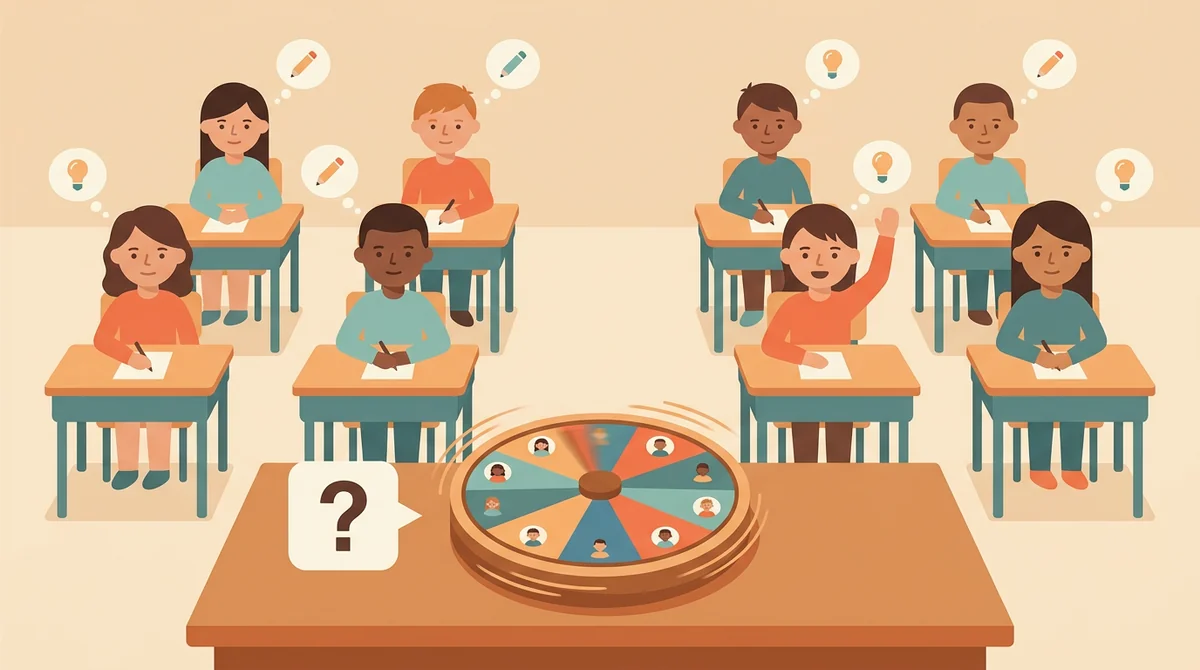 Students at their desks with thought bubbles while a name wheel with student faces waits on the teacher's desk, a question mark beside it