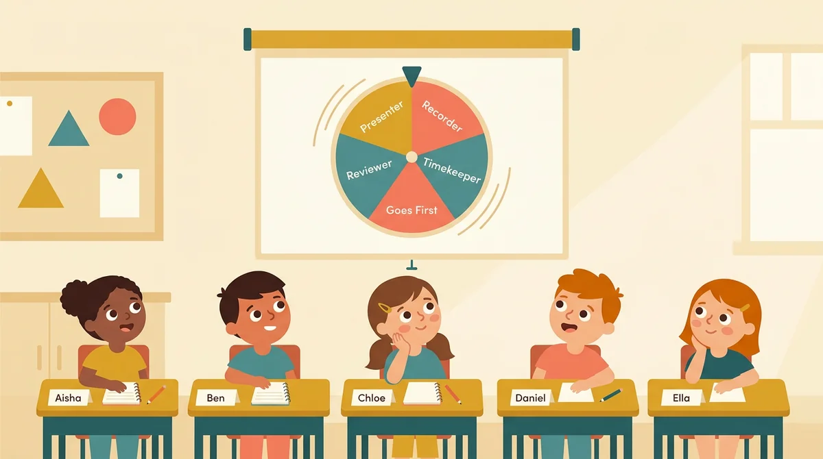 Five students with name cards look up at a projected wheel of group roles: presenter, recorder, timekeeper, reviewer, and goes first
