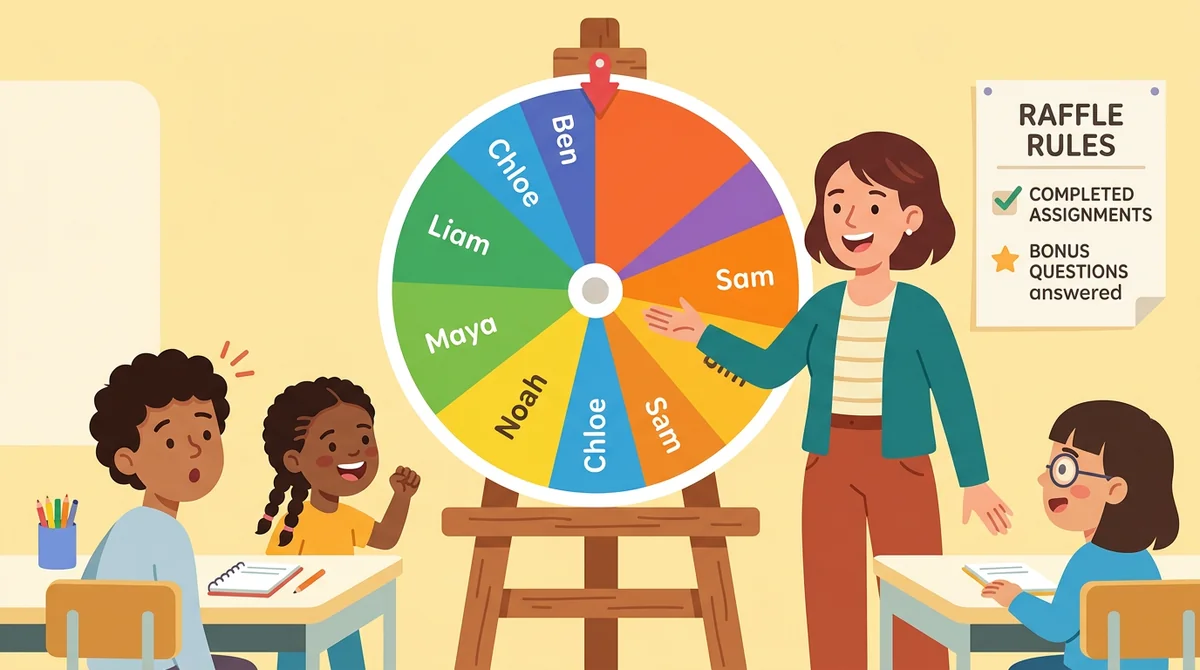 A teacher spins a raffle wheel of student names on an easel, some names entered twice, beside a posted list of raffle rules