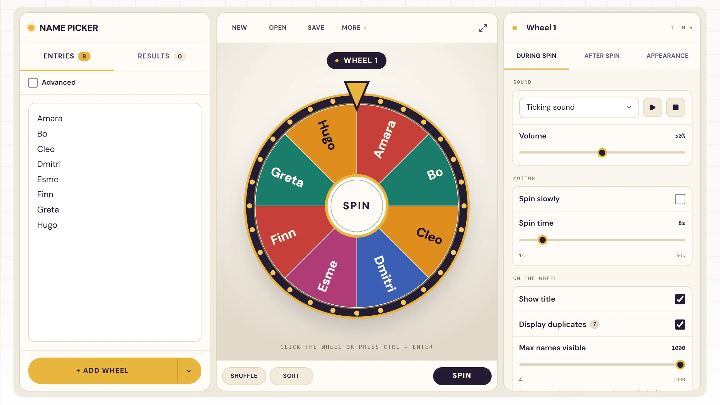 The EMStudio random name picker mid-spin, with the class list on the left and the settings panel on the right