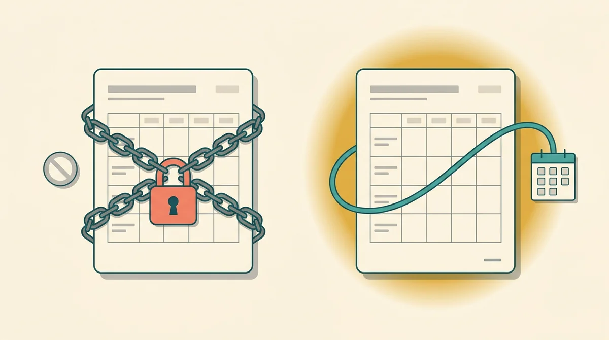 A printed rubric beside an unlocked padlock and a crossed-out price tag