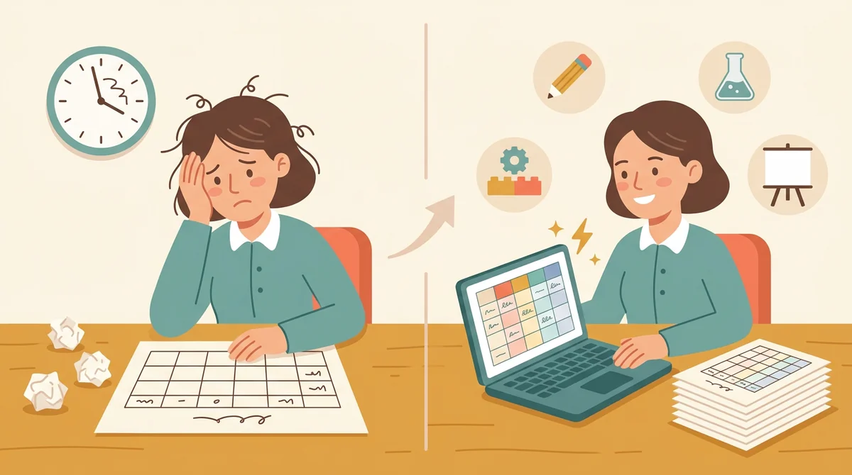 A teacher at a desk with a laptop and a stack of printed rubrics ready to hand out to the class