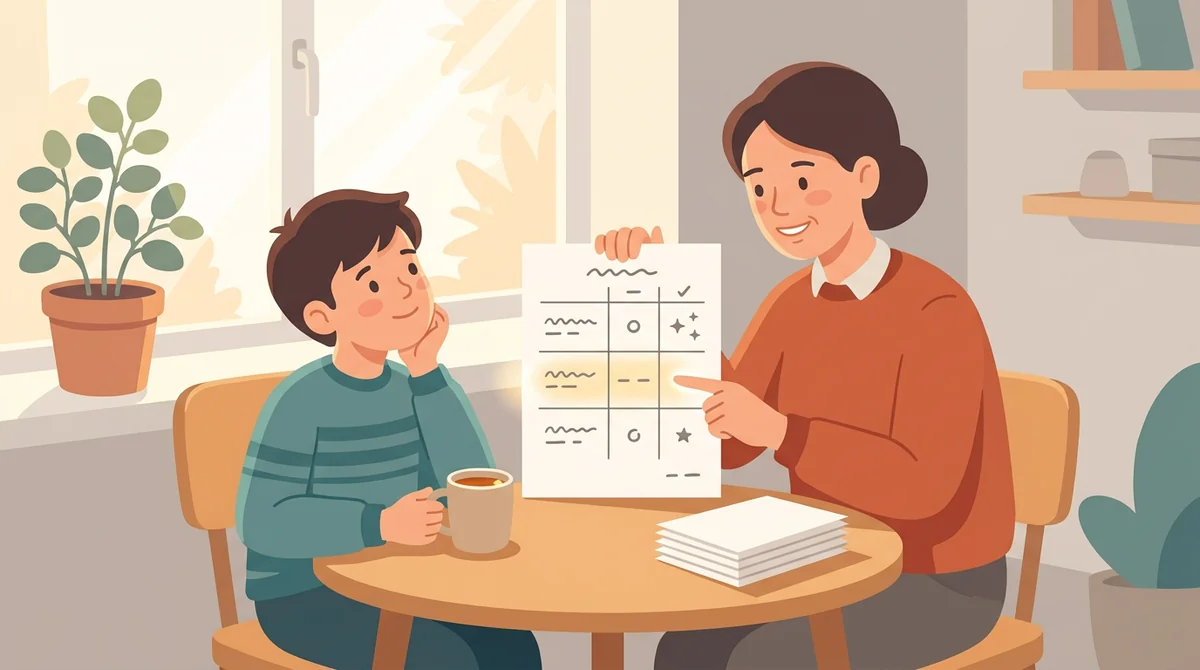 A parent and a child at a kitchen table looking at a printed rubric beside a finished project