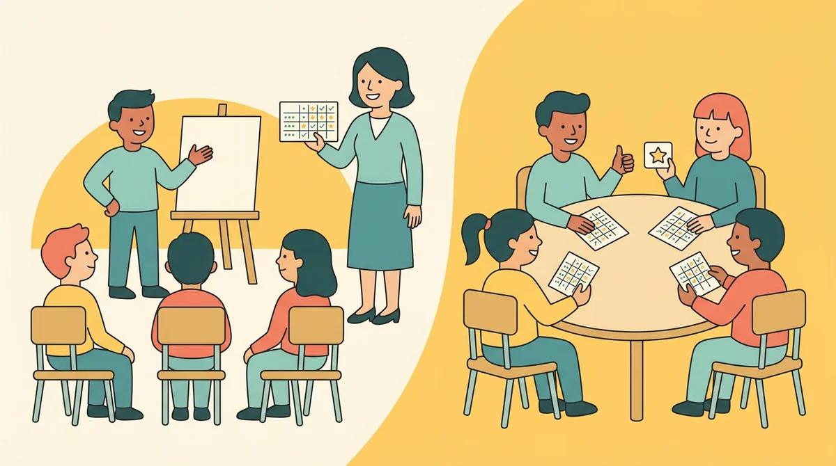 A group of students presenting a poster to the class while a teacher holds a printed rubric