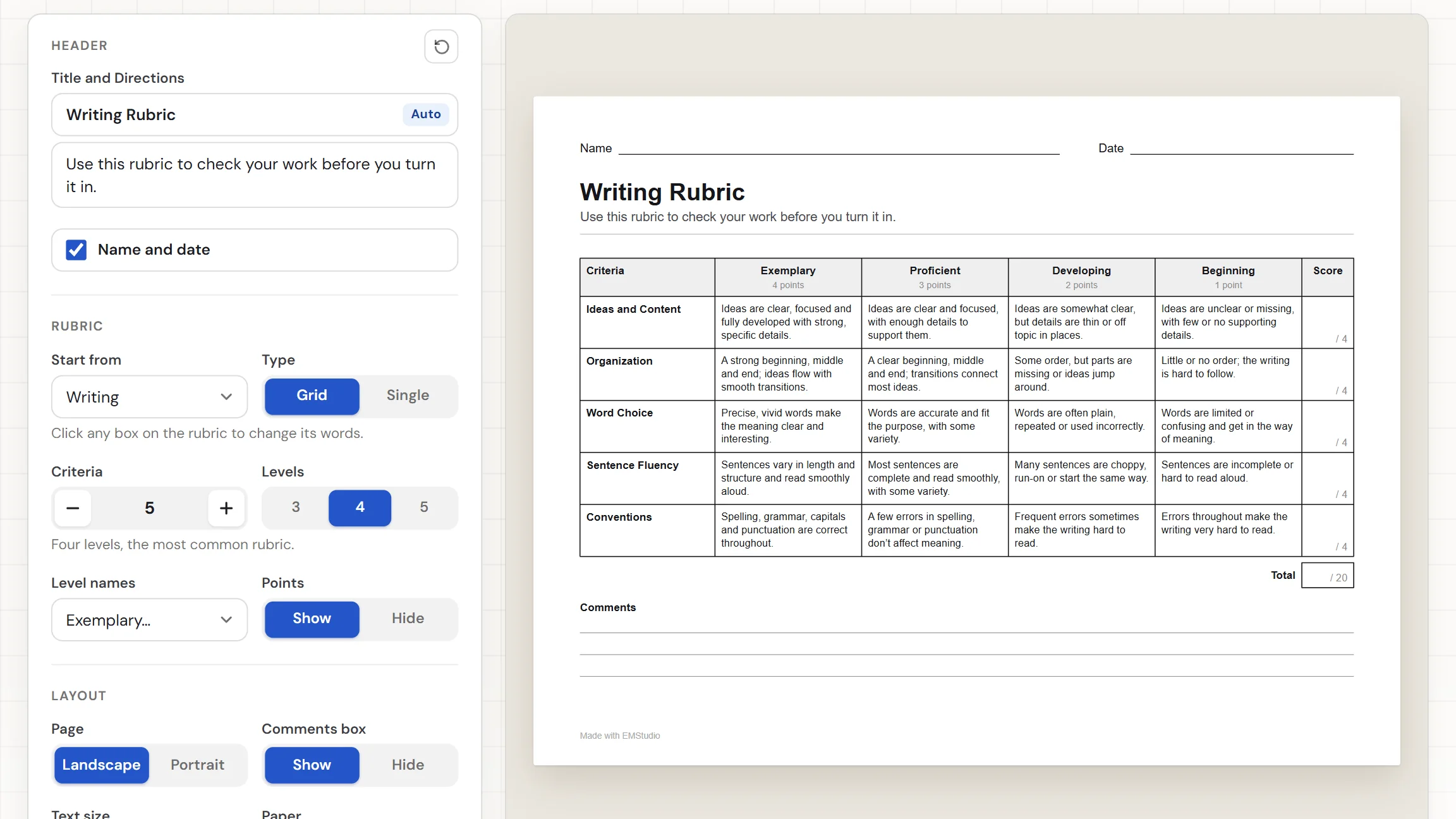 The EMStudio rubric generator showing a writing rubric, with the starting rubric, type, and criteria settings on the left and a table of criteria and four levels on the page