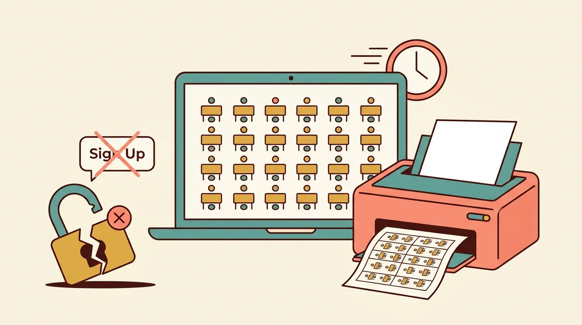 A laptop seating chart prints instantly, with a crossed-out sign-up bubble and a broken padlock