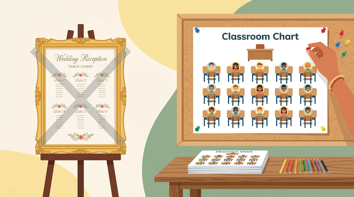 A crossed-out wedding table chart next to a classroom seating chart pinned to a corkboard