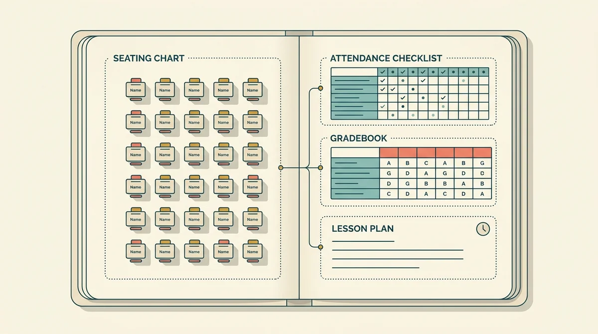 A planner spread connecting a seating chart with attendance, gradebook, and lesson plan pages