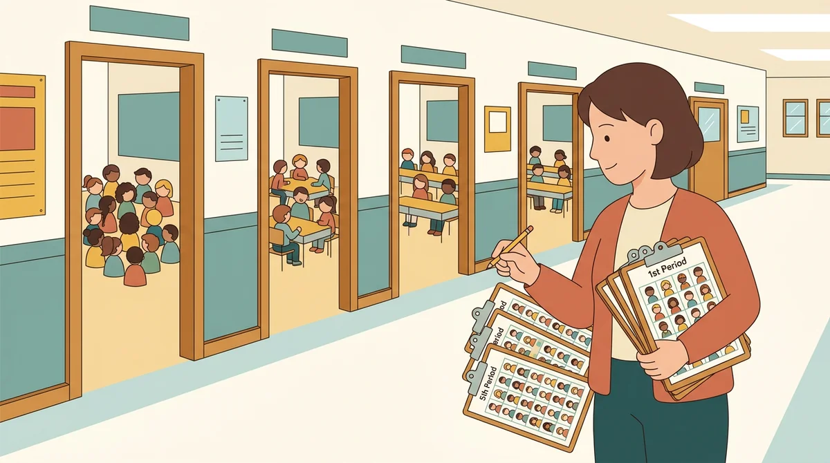A teacher in a school hallway holds a stack of seating charts, one for each period