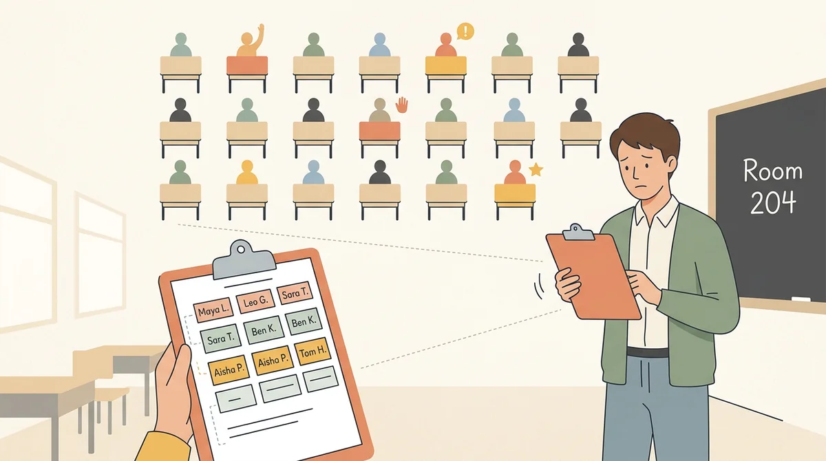 A substitute teacher matches the seating chart on a clipboard to the students in the room