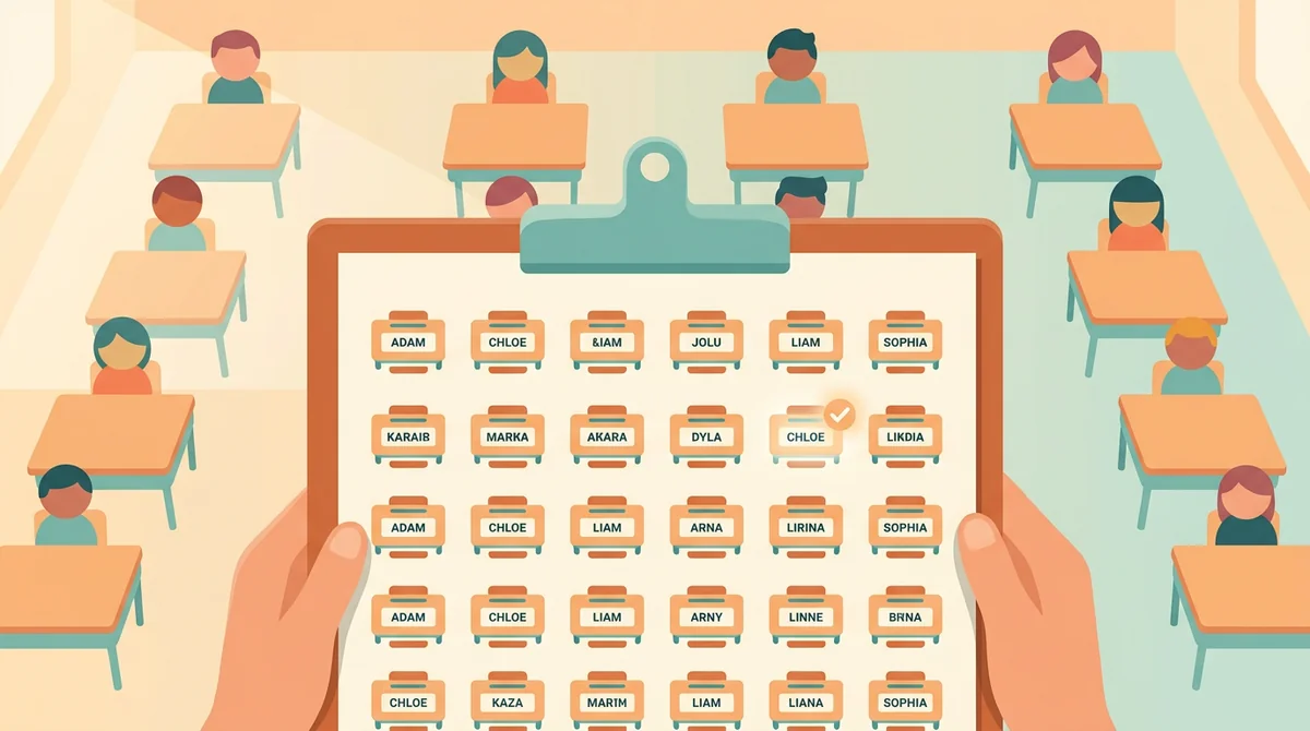A teacher holds a seating chart clipboard in front of a class of new students