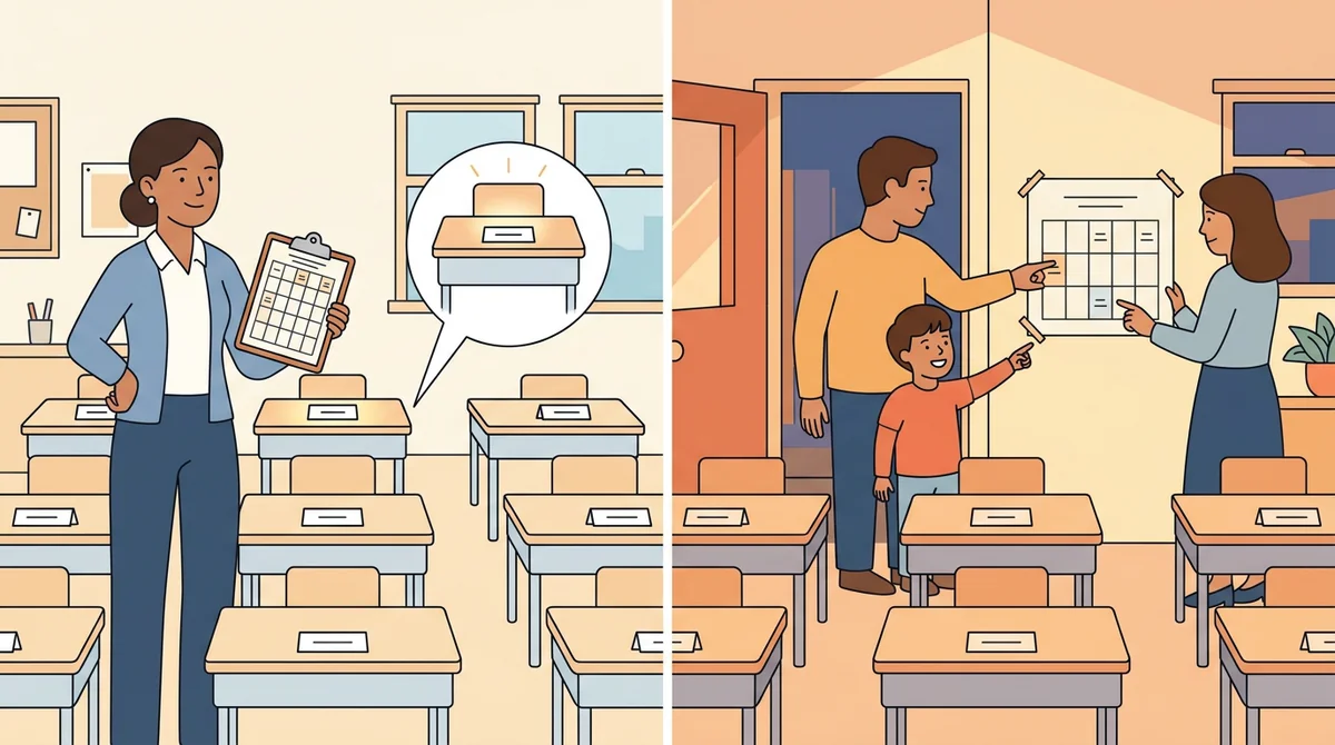 A teacher checks a seating chart while a family finds their child's seat at open house